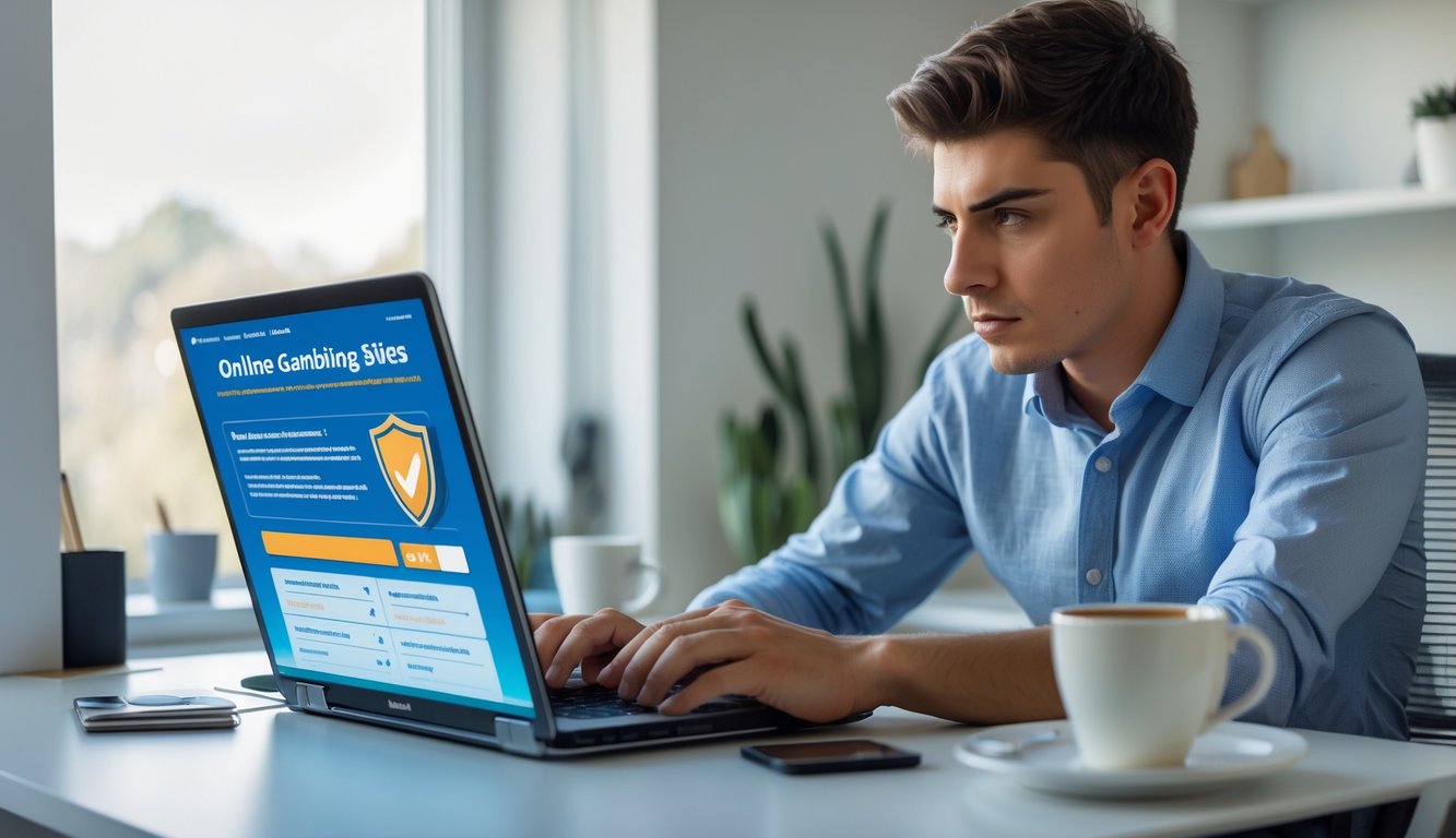 Seorang pria muda duduk di meja kerja dengan laptop, terlihat serius dan fokus saat meneliti situs judi online dengan latar ruang kerja yang rapi dan pencahayaan alami.