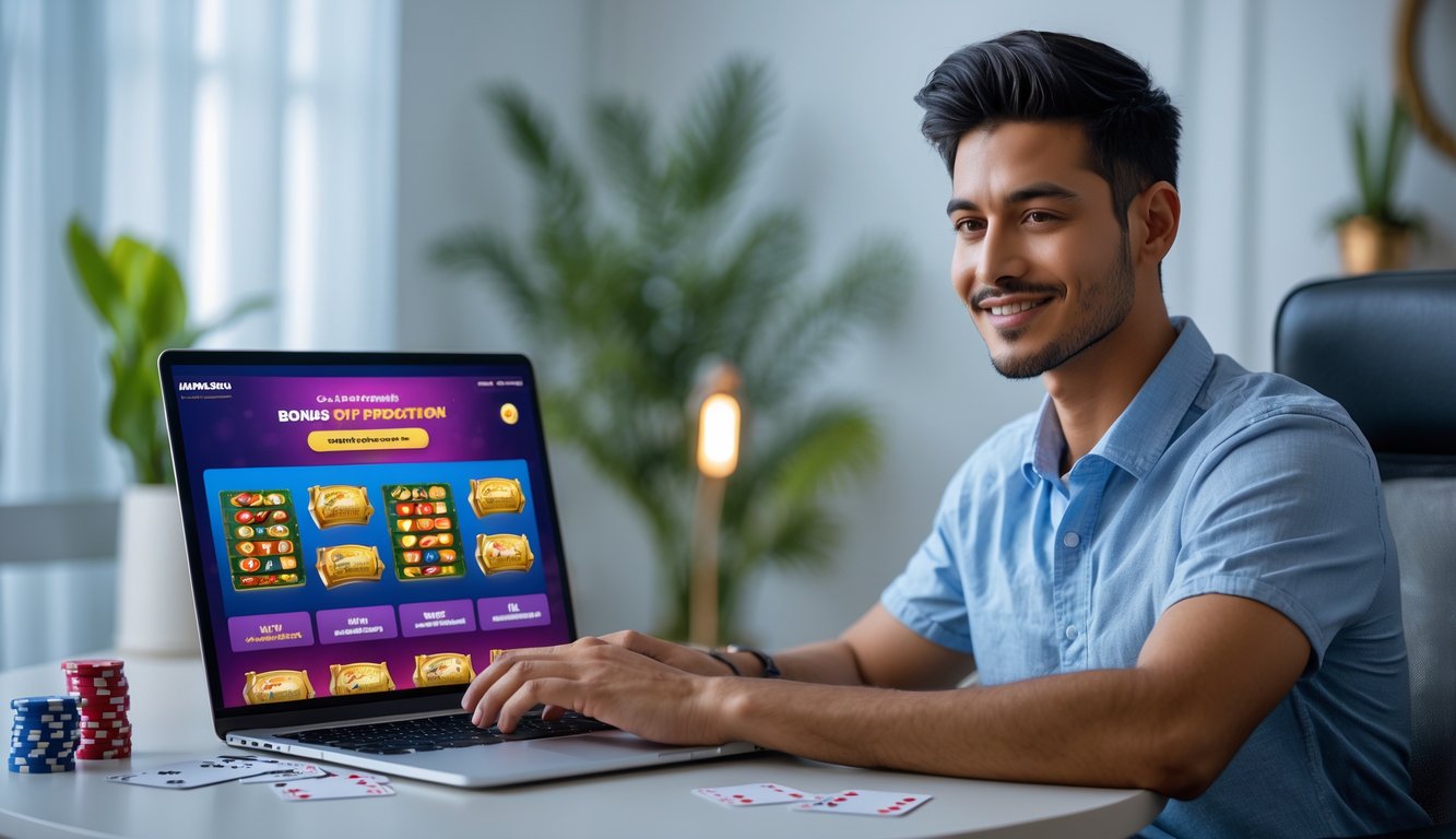 Seorang pria muda duduk di meja dengan laptop yang menampilkan situs judi online, di sekitarnya terdapat kartu remi dan chip poker.