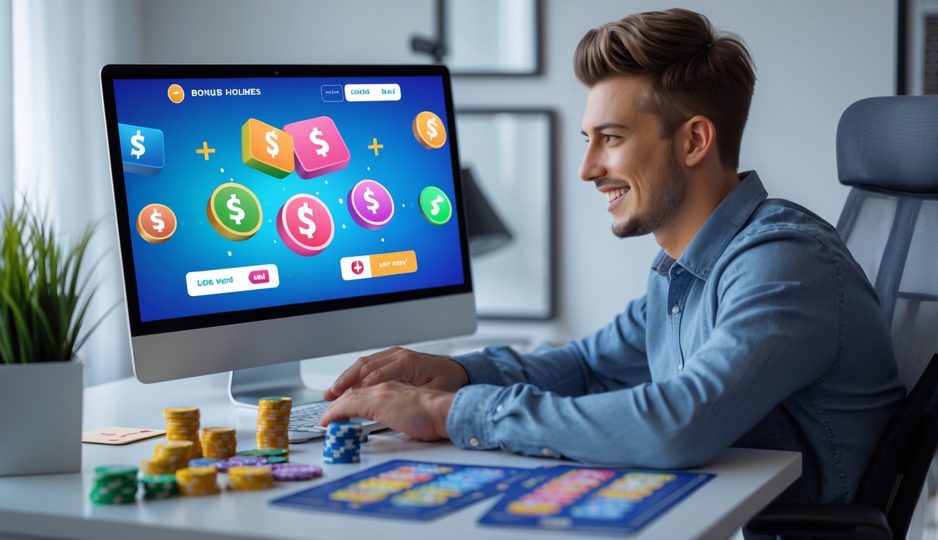 Seorang pria muda duduk di meja dengan laptop, sedang menggunakan situs judi online dengan ikon bonus dan promo di layar.