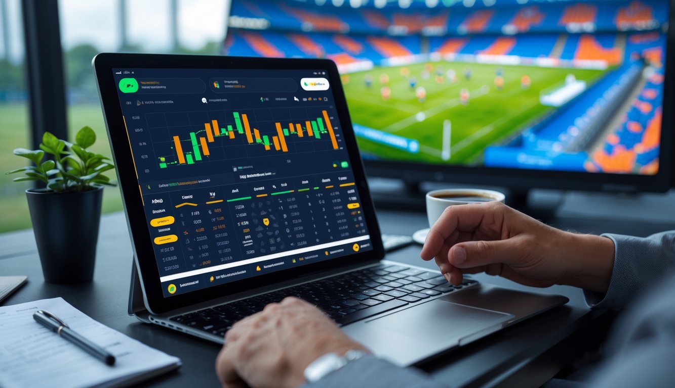 Seorang pria serius sedang menganalisis peluang taruhan sepak bola menggunakan tablet di meja kerja dengan laptop dan ponsel yang menampilkan statistik pertandingan.