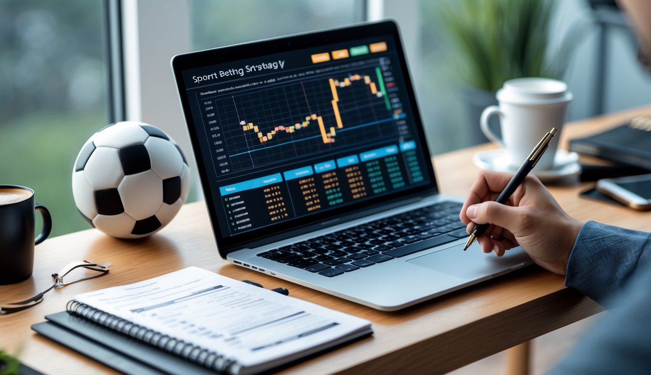 Meja kerja dengan laptop yang menampilkan grafik odds taruhan bola, tangan memegang pena di atas buku catatan, bola sepak di samping, dan ponsel dengan pembaruan pertandingan.