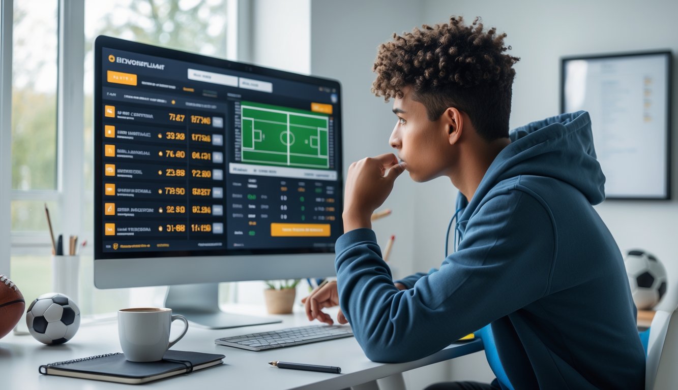 Seorang pemula taruhan bola sedang duduk di meja dengan komputer yang menampilkan statistik pertandingan dan peluang taruhan, terlihat fokus dan serius.