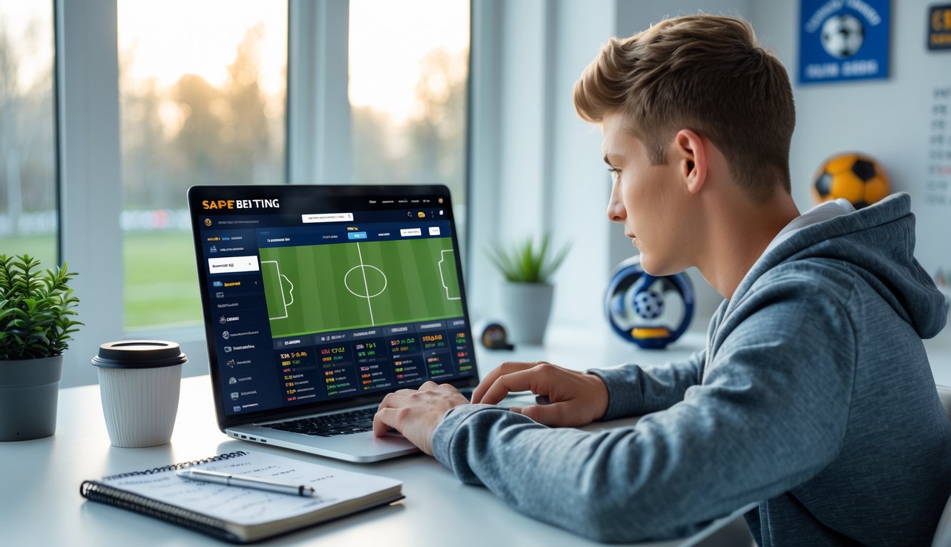 Seorang pria muda duduk di meja dengan laptop yang menampilkan situs taruhan bola, dikelilingi catatan dan ponsel, di ruangan terang dengan jendela besar.