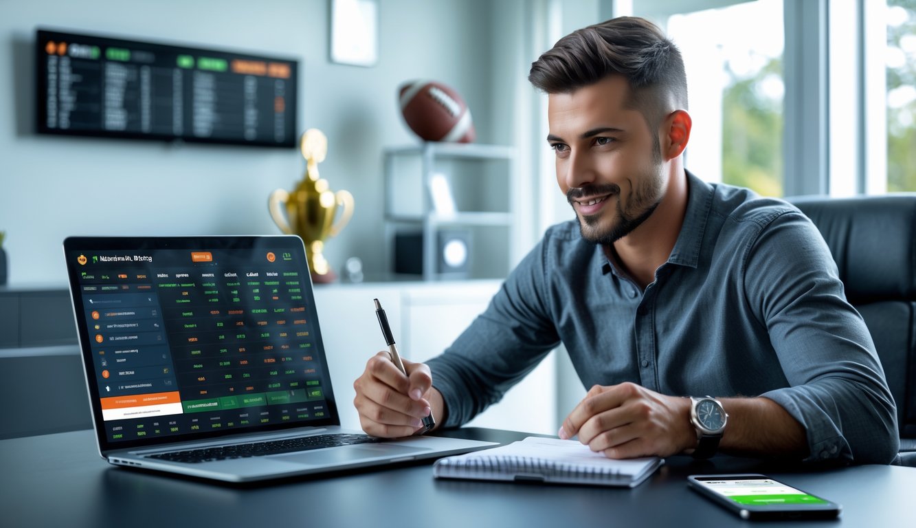 Seorang pria duduk di meja dengan laptop dan catatan, fokus pada layar yang menampilkan statistik dan peluang taruhan sepak bola.
