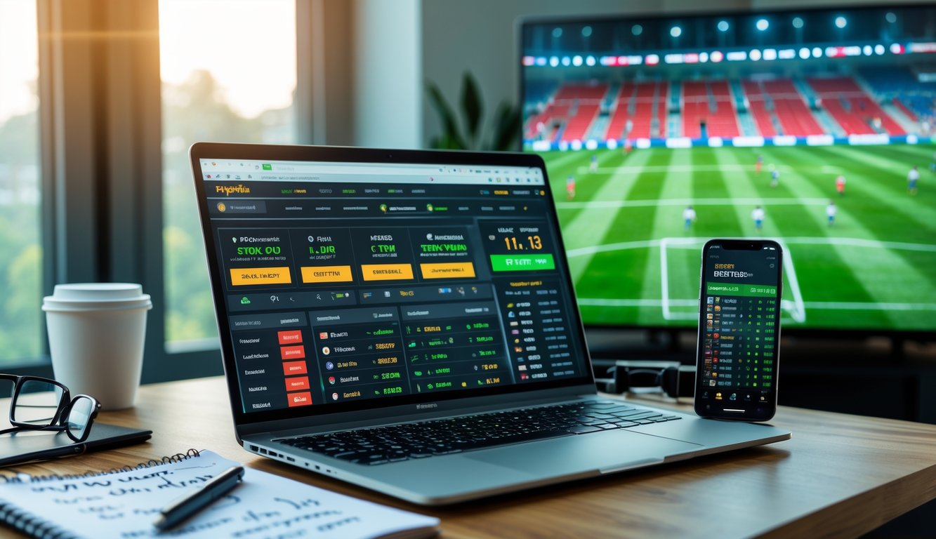 Seorang pria duduk di depan laptop dengan tampilan taruhan bola online dan layar televisi menampilkan pertandingan sepak bola langsung di latar belakang.