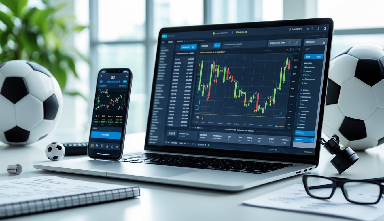 Meja kerja dengan laptop menampilkan grafik taruhan sepak bola, ponsel dengan pembaruan pertandingan langsung, bola sepak, dan alat tulis di ruang kantor yang terang.