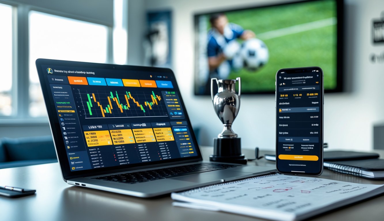 Meja kerja dengan laptop yang menampilkan grafik taruhan bola, ponsel yang menayangkan pertandingan sepak bola langsung, dan buku catatan dengan catatan strategi taruhan.