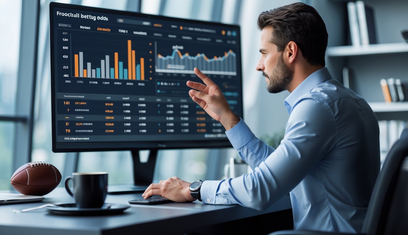 Seorang pria fokus melihat layar digital besar yang menampilkan data taruhan bola dengan odds tinggi di sebuah kantor modern.