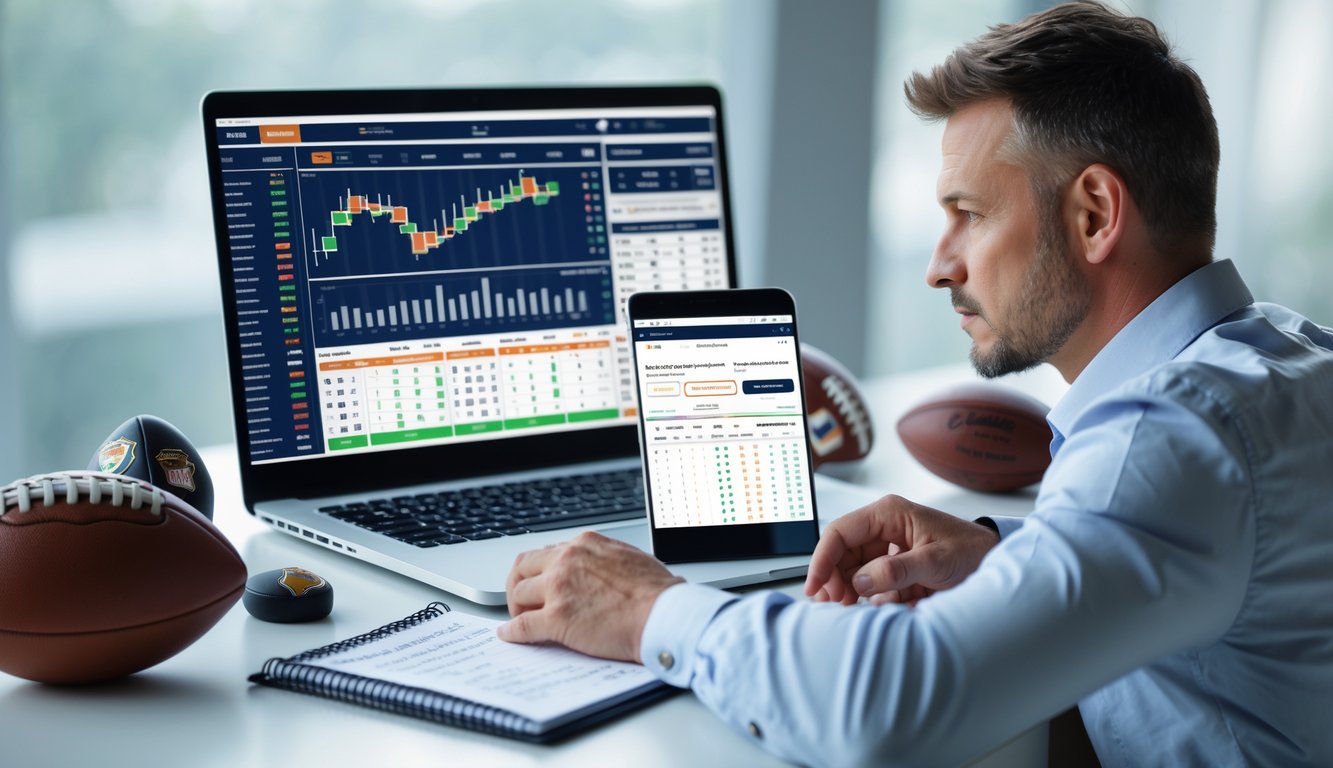 Seorang pria dewasa sedang duduk di meja kerja dengan laptop dan ponsel yang menampilkan data taruhan bola, tampak fokus menganalisis peluang taruhan.
