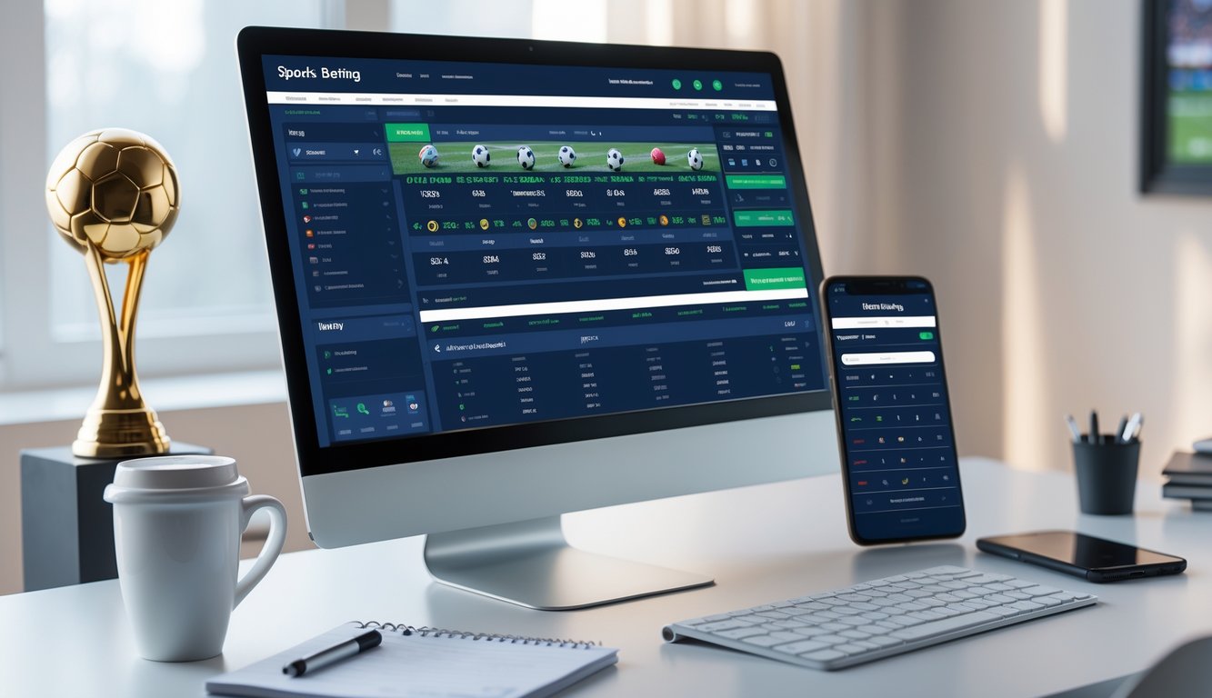 Seseorang menggunakan komputer dengan tampilan situs taruhan bola lengkap dan odds tinggi di meja kerja yang rapi.