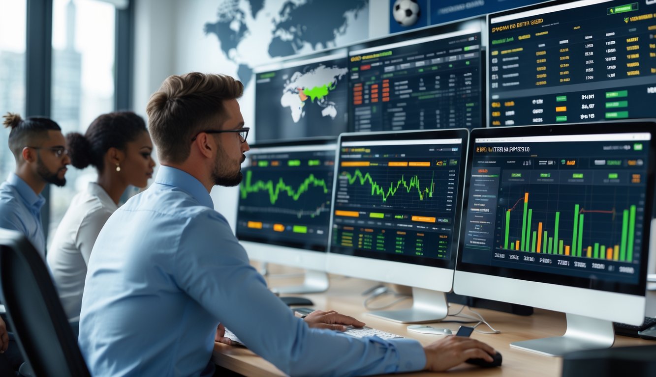 Sekelompok orang sedang menganalisis data taruhan sepak bola di depan layar komputer di sebuah kantor modern.