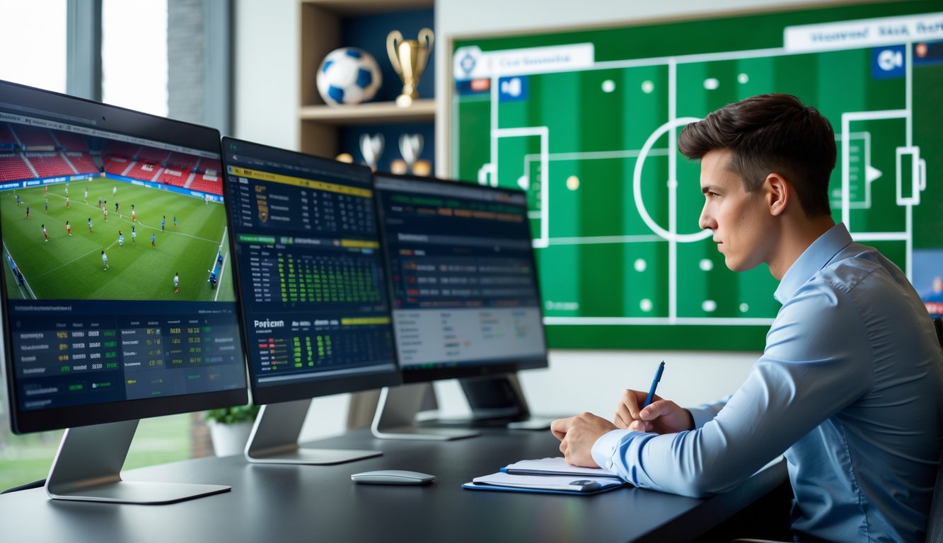 Seorang analis sepak bola sedang memeriksa statistik dan video pertandingan di depan beberapa layar komputer di sebuah kantor modern.