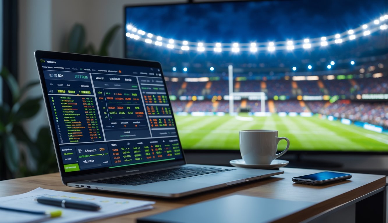 Meja kerja dengan laptop, ponsel, dan catatan yang menampilkan data taruhan bola, dengan latar belakang stadion sepak bola yang ramai.