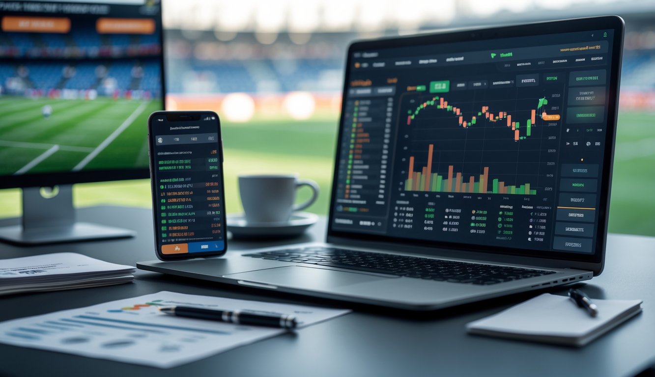 Seorang pria sedang bekerja di meja dengan laptop yang menampilkan grafik taruhan bola, smartphone dengan pertandingan sepak bola langsung, dan catatan strategi taruhan.