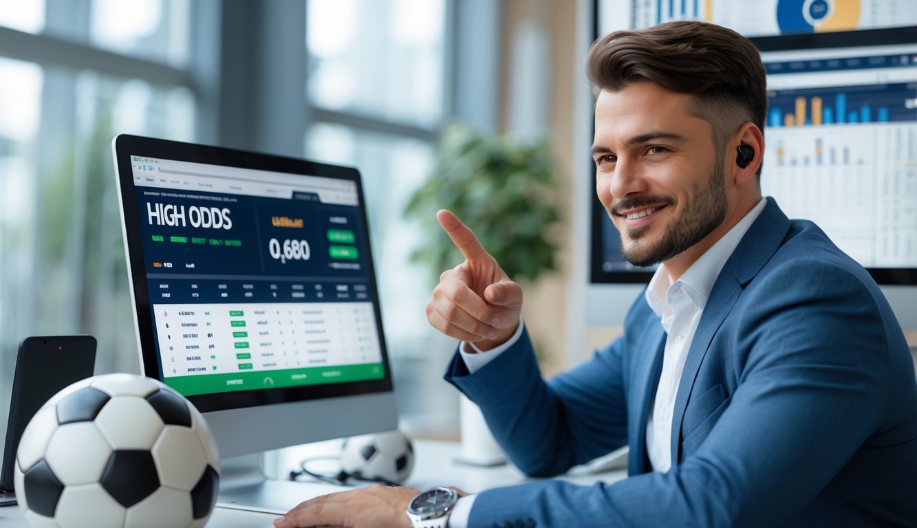 Seorang pria percaya diri duduk di meja kantor modern dengan laptop yang menampilkan platform taruhan bola dan bola sepak di sampingnya.