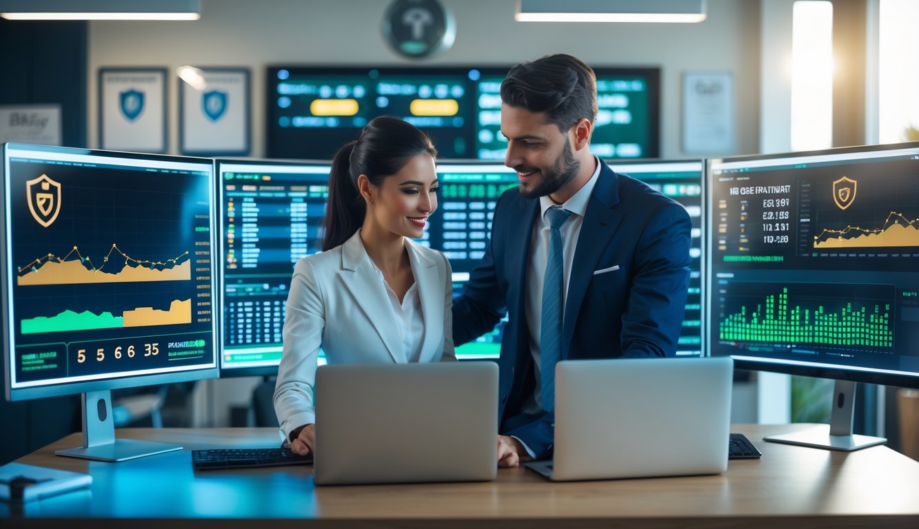 Seorang pria dan wanita sedang melihat data taruhan bola di layar komputer di kantor modern.