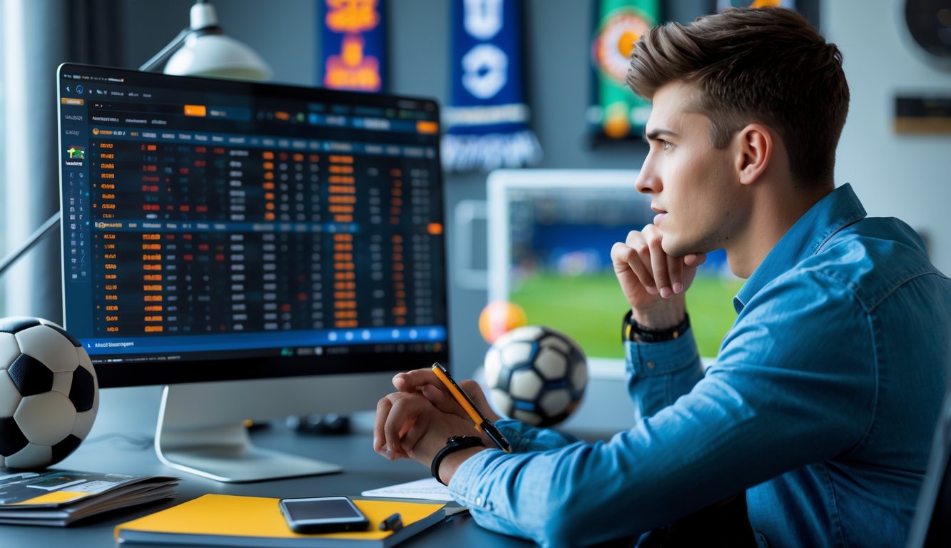 Seorang pria muda sedang duduk di meja dengan komputer yang menampilkan data taruhan bola, dikelilingi oleh memorabilia sepak bola di ruang kerja rumah.