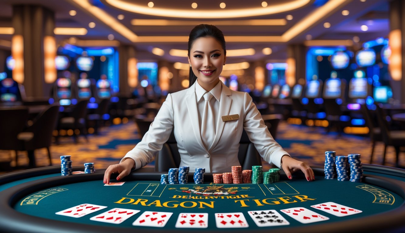 Seorang dealer kasino nyata sedang mengelola meja permainan Dragon Tiger dengan kartu dan chip di lingkungan kasino yang mewah.