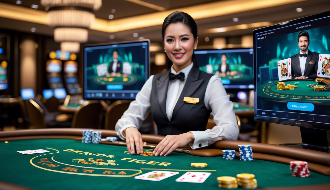 Seorang dealer profesional sedang memandu permainan Dragon Tiger secara langsung di meja kasino dengan layar menampilkan streaming HD tanpa gangguan.