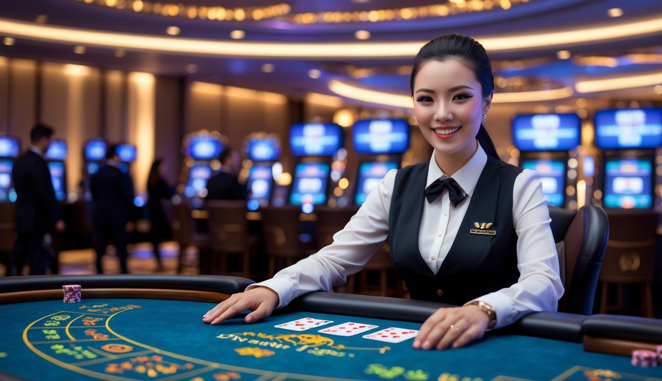 Seorang dealer profesional sedang memandu permainan Dragon Tiger di meja kasino dengan beberapa pemain yang memperhatikan.