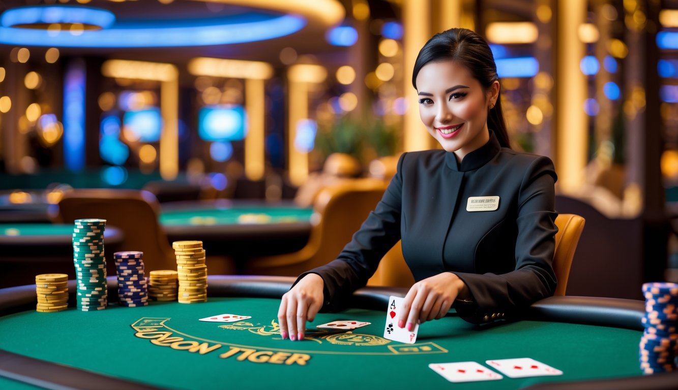 Seorang dealer wanita profesional sedang membagikan kartu di meja permainan Dragon Tiger di kasino yang mewah.