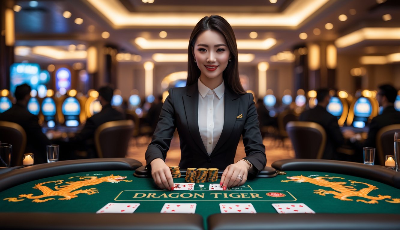 Seorang dealer wanita sedang membagikan kartu di meja permainan Dragon Tiger di kasino dengan suasana mewah dan pemain yang memperhatikan.