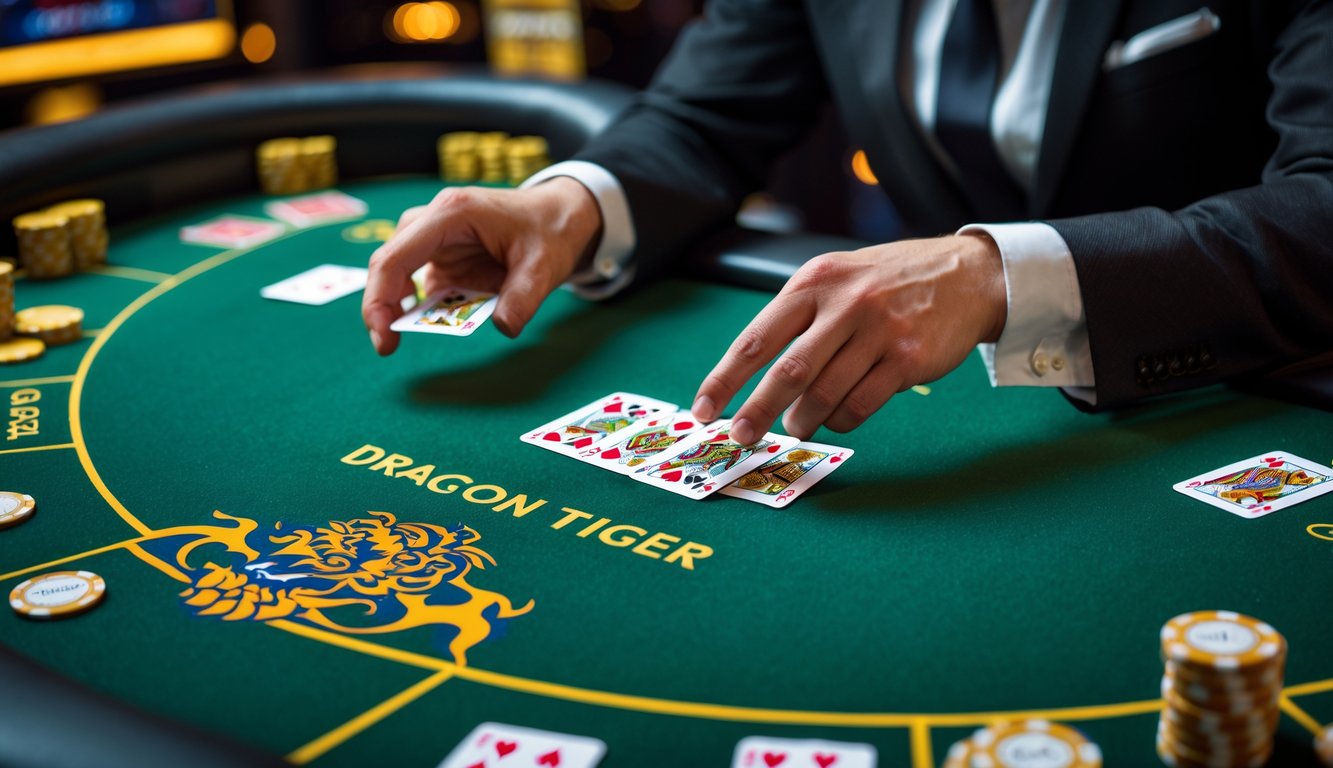Seorang dealer profesional membagikan kartu di meja permainan Dragon Tiger di kasino dengan suasana yang ramai dan pencahayaan hangat.