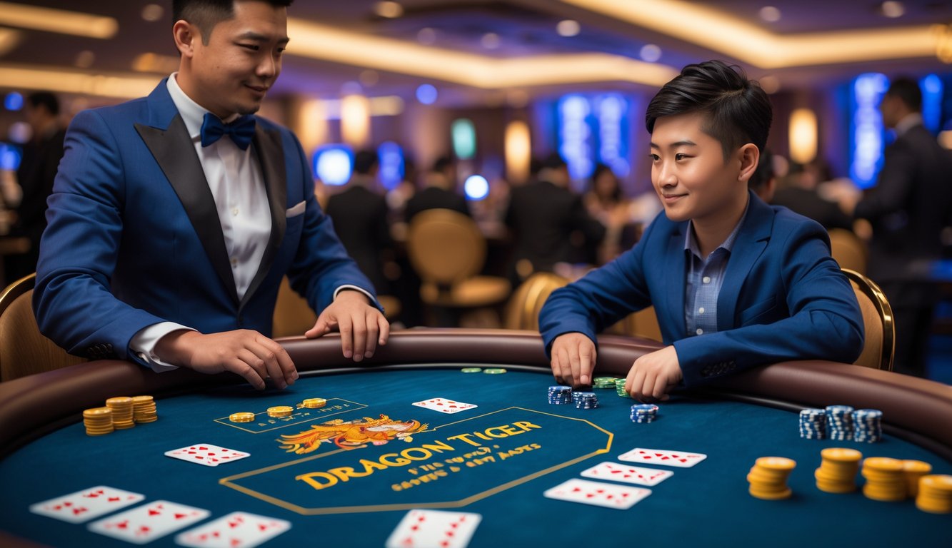 Seorang dealer profesional dan pemain muda sedang bermain permainan kartu Dragon Tiger di meja kasino dengan suasana live yang ramai.