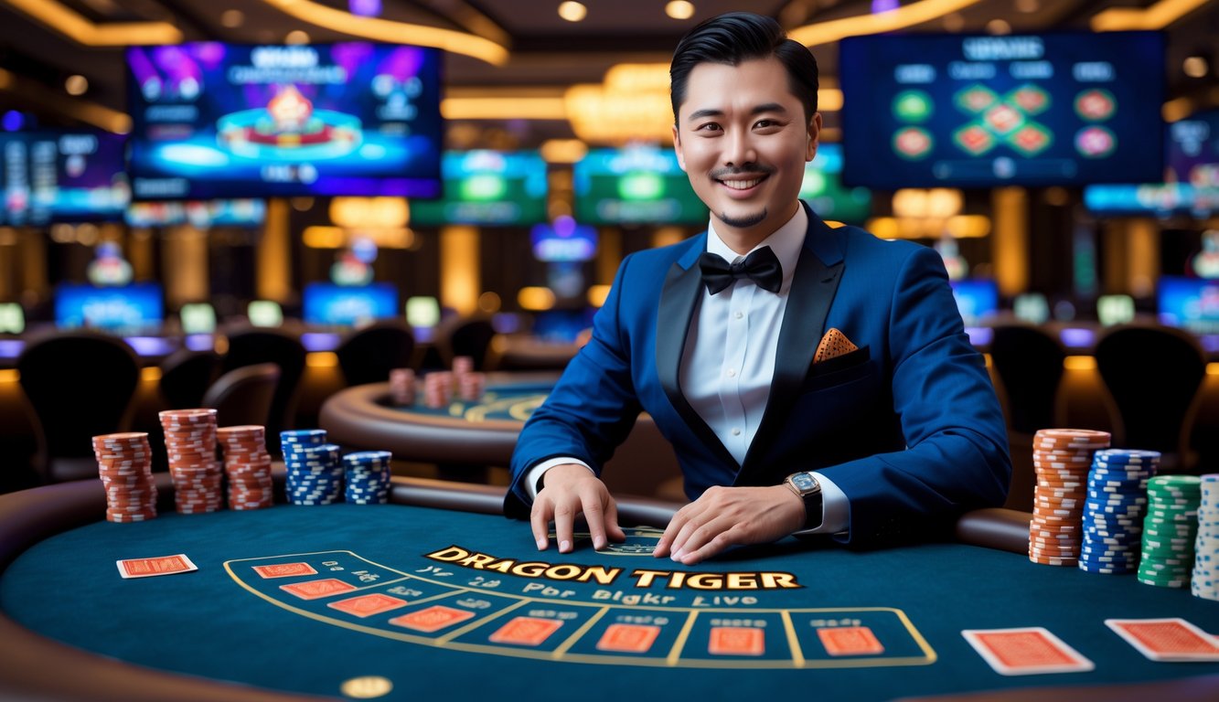 Seorang dealer profesional sedang duduk di meja permainan Dragon Tiger dengan layar besar menampilkan permainan langsung di latar belakang.
