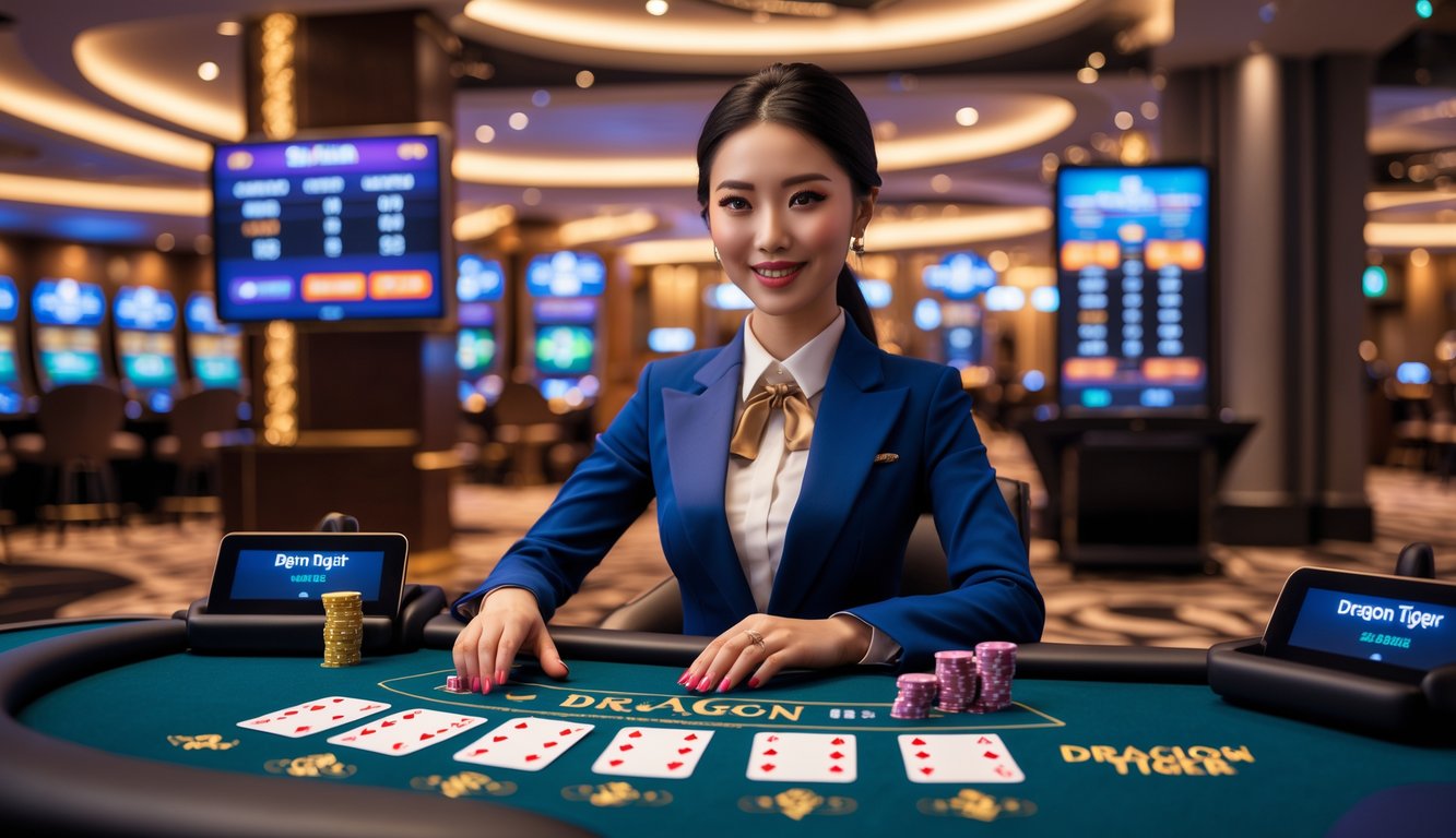Seorang dealer wanita muda sedang mengelola permainan kartu Dragon Tiger di meja kasino dengan latar belakang suasana kasino yang mewah.