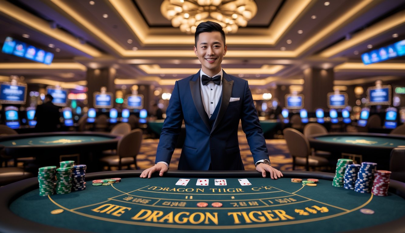 Seorang dealer kasino profesional berdiri di belakang meja permainan Dragon Tiger dengan kartu dan chip, di dalam ruangan kasino yang mewah dan terang.