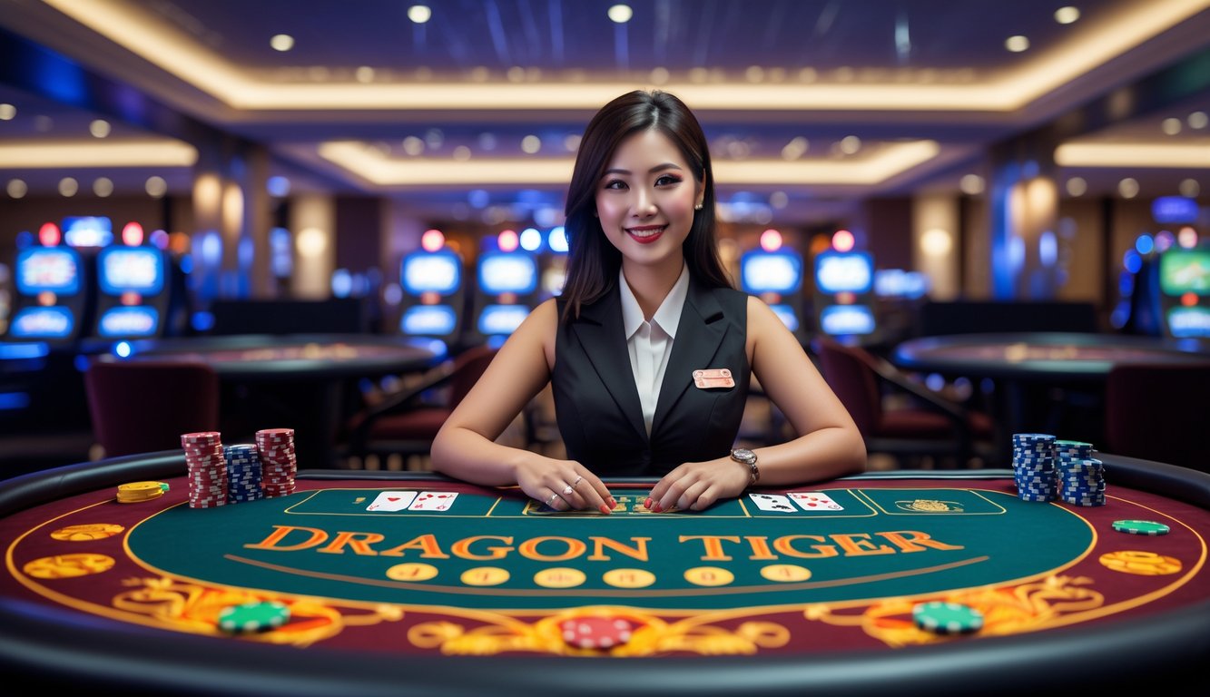Seorang dealer nyata sedang mengelola permainan Dragon Tiger di meja kasino dengan suasana profesional dan terang.