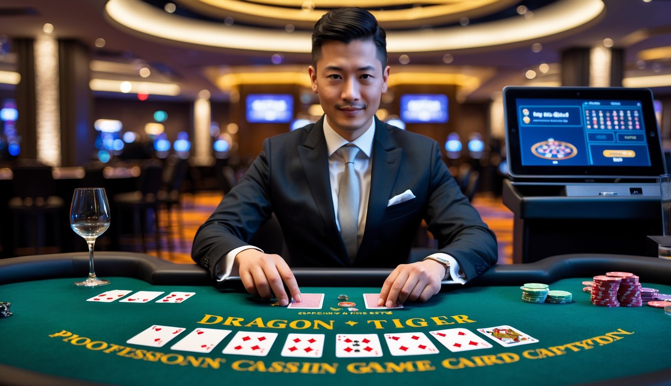 Seorang dealer kasino nyata sedang menjalankan permainan kartu Dragon Tiger di meja hijau dengan latar belakang kasino modern.