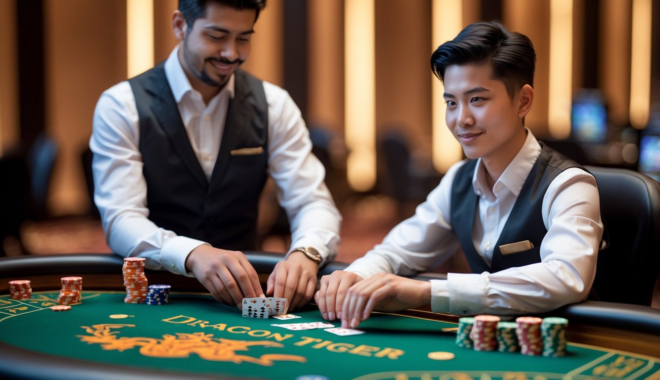Seorang pemain pemula sedang bermain permainan Dragon Tiger langsung dengan dealer nyata di meja kasino yang mewah.