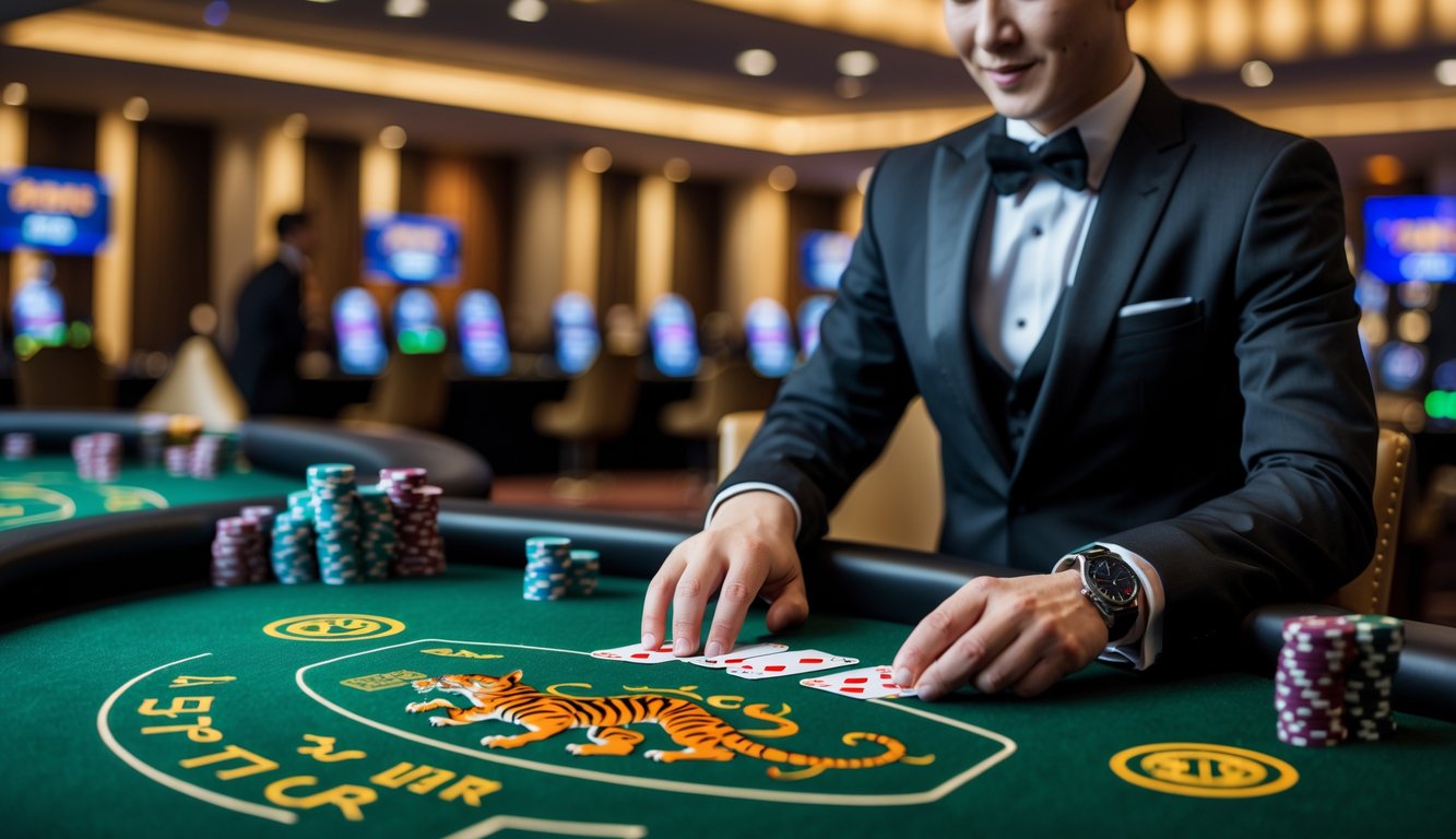 Seorang dealer profesional sedang membagikan kartu di meja permainan Dragon Tiger di kasino langsung.