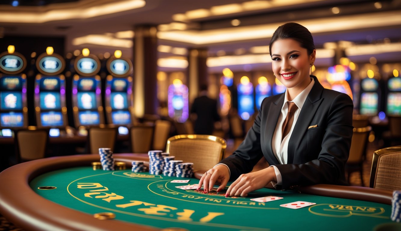 Seorang dealer profesional sedang membagikan kartu di meja permainan Dragon Tiger di kasino dengan suasana mewah dan pencahayaan yang menarik.