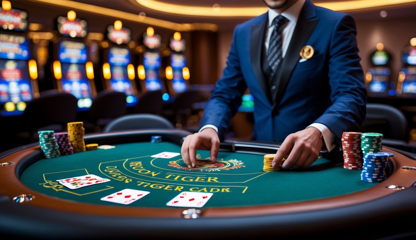 Seorang dealer profesional sedang membagikan kartu di meja permainan Dragon Tiger dengan tumpukan chip dan layar jackpot di latar belakang.