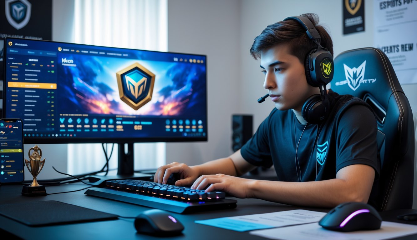 Seorang pria muda sedang bermain Mobile Legends di komputer dengan perlengkapan gaming lengkap dan suasana ruangan yang rapi dan terang.