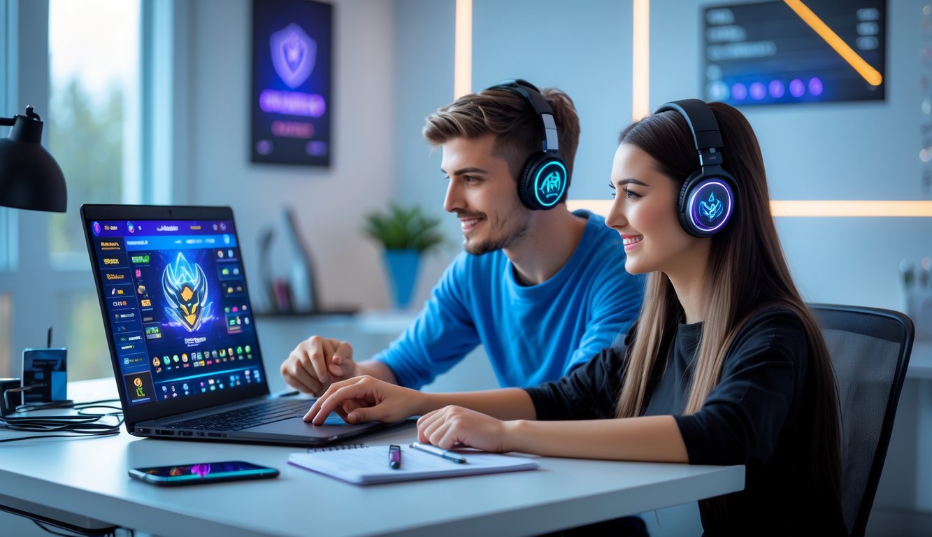 Dua orang muda sedang duduk di meja dengan laptop yang menampilkan permainan Mobile Legends dan perangkat gaming di sekitarnya.