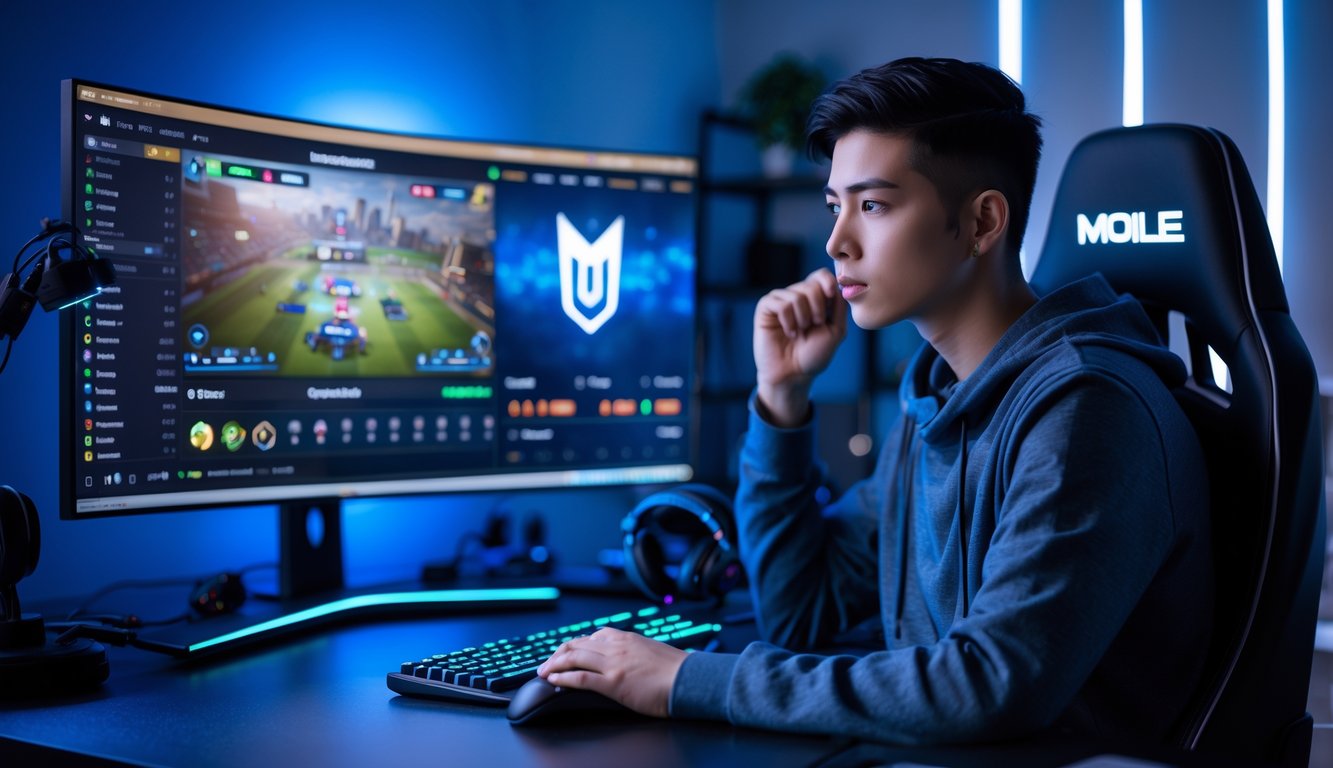 Seorang dewasa muda duduk di depan komputer dengan layar menampilkan permainan Mobile Legends, sambil melihat aplikasi taruhan di ponsel dalam ruangan gaming yang modern.