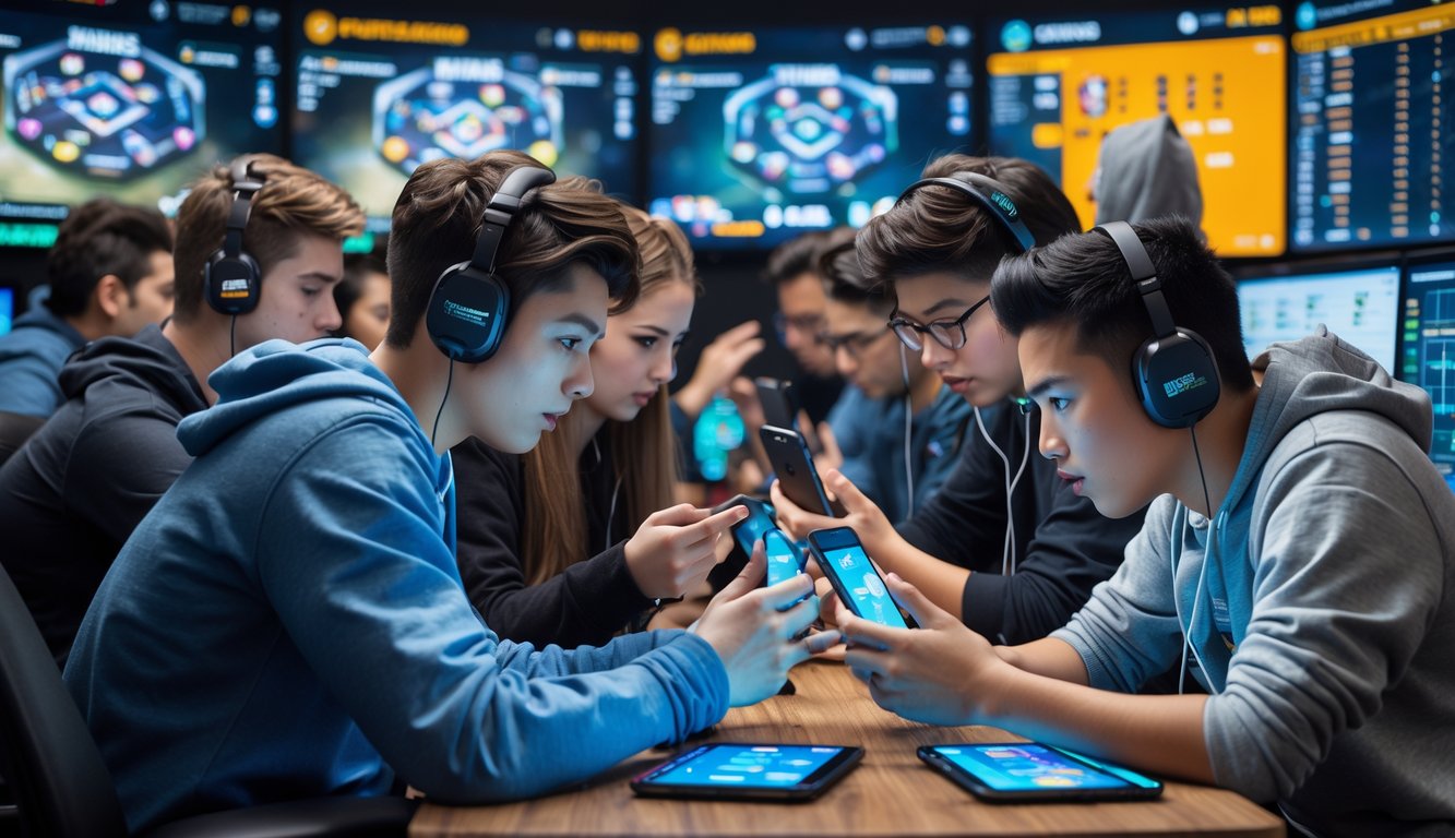 Sekelompok orang muda sedang bermain dan bertaruh esports Mobile Legends menggunakan smartphone dan tablet di ruangan modern.