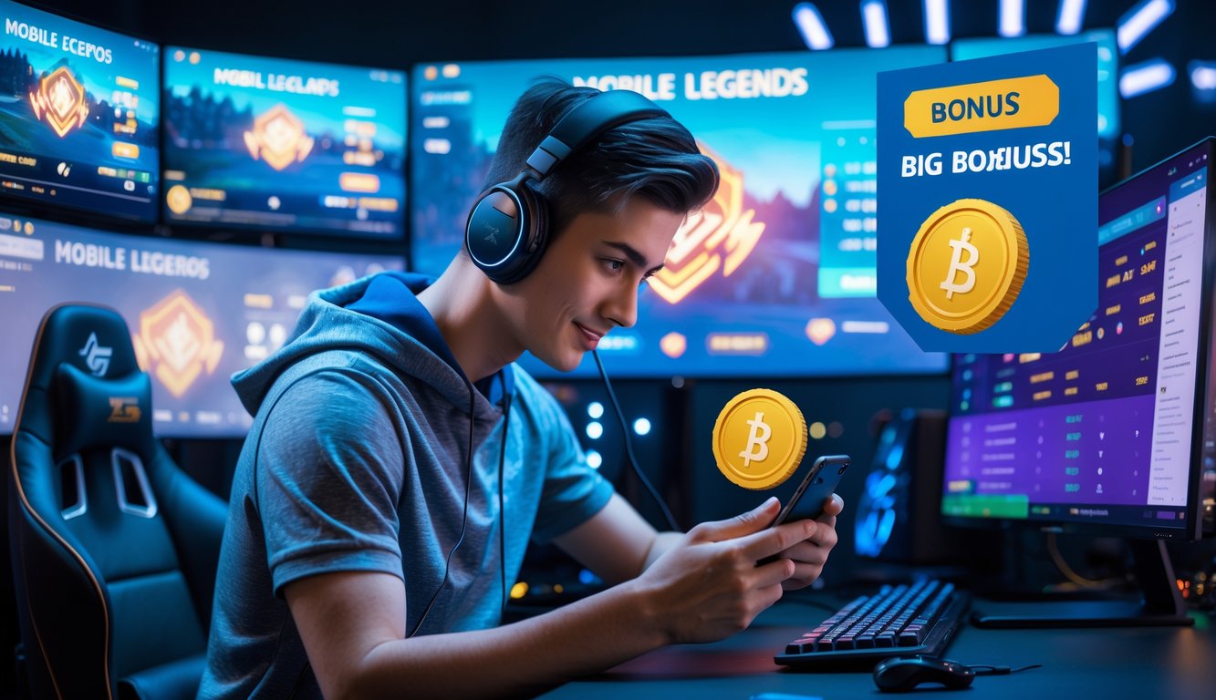 Seorang pemain muda sedang menggunakan ponsel dengan layar menampilkan permainan Mobile Legends dan aplikasi taruhan, di meja dengan perlengkapan gaming dan layar komputer yang menampilkan gameplay.