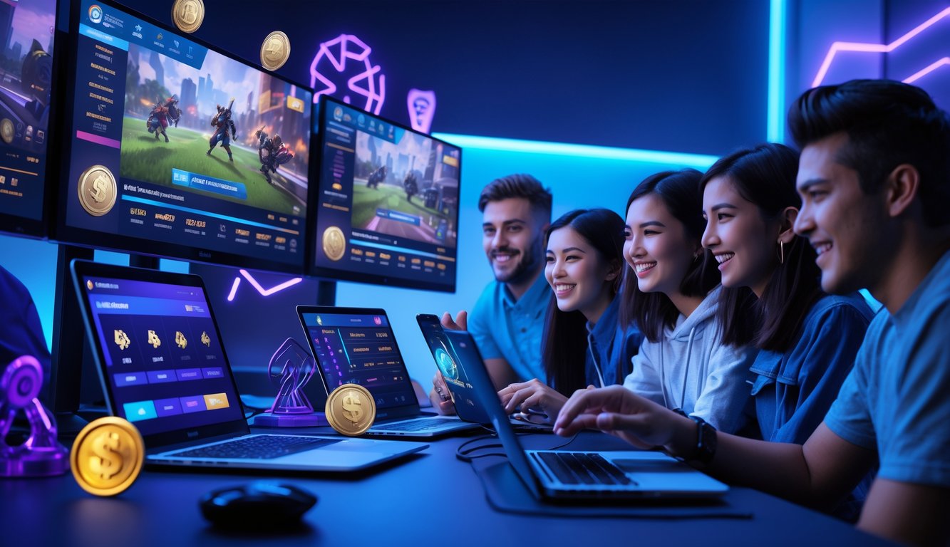 Sekelompok orang muda sedang menggunakan komputer dan ponsel untuk taruhan esports Mobile Legends dalam ruangan dengan pencahayaan biru dan ungu.