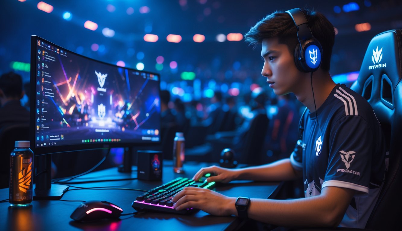 Seorang pria muda fokus bermain Mobile Legends di depan komputer dengan perlengkapan gaming di ruangan yang remang-remang.