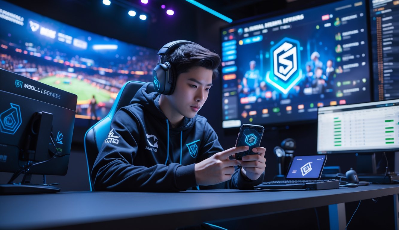 Seorang pemain esports yang fokus bermain Mobile Legends di smartphone dengan latar belakang turnamen dan layar menampilkan statistik serta grafik taruhan.