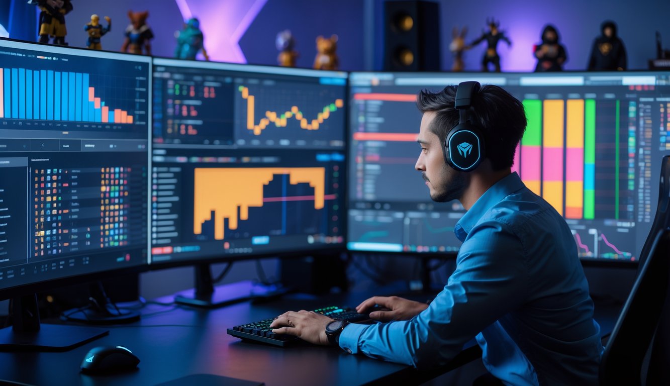 Seorang analis esports sedang bekerja di depan beberapa layar komputer yang menampilkan statistik dan grafik tim Mobile Legends di sebuah kantor modern.