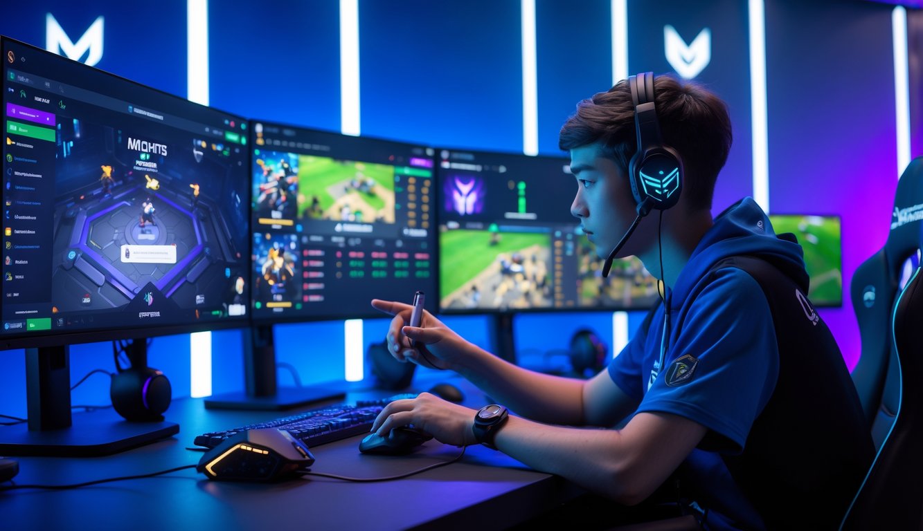Seorang analis esports muda sedang fokus menganalisis pertandingan Mobile Legends di depan beberapa monitor dengan data dan gameplay di layar.
