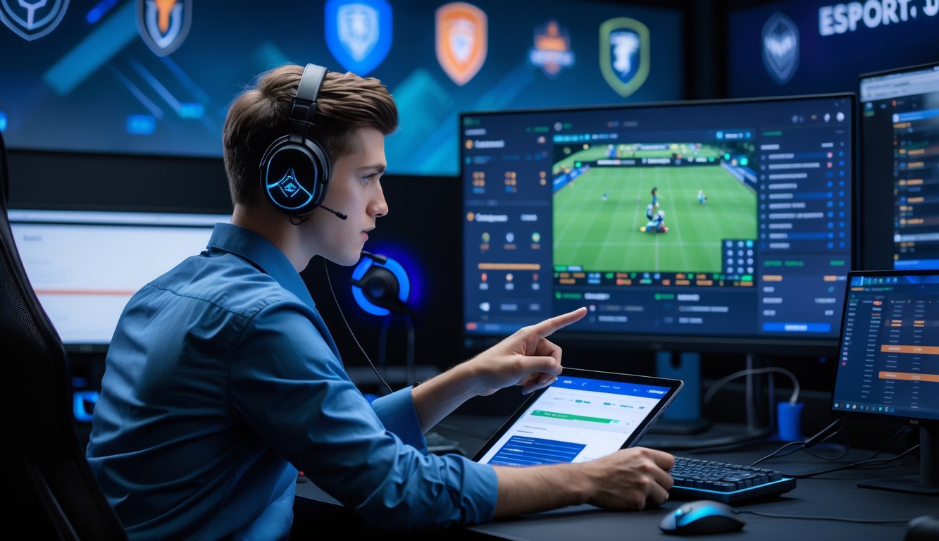 Seorang analis esports sedang mempelajari statistik dan rekaman pertandingan Mobile Legends di depan beberapa monitor di ruang kerja modern.