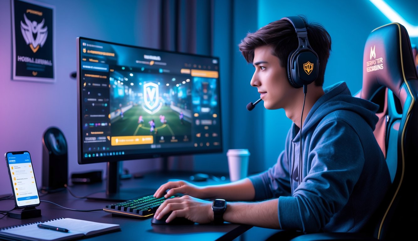 Seorang pemain muda sedang bermain Mobile Legends di depan komputer dengan headset, di meja terdapat ponsel dan catatan, suasana fokus dan modern.