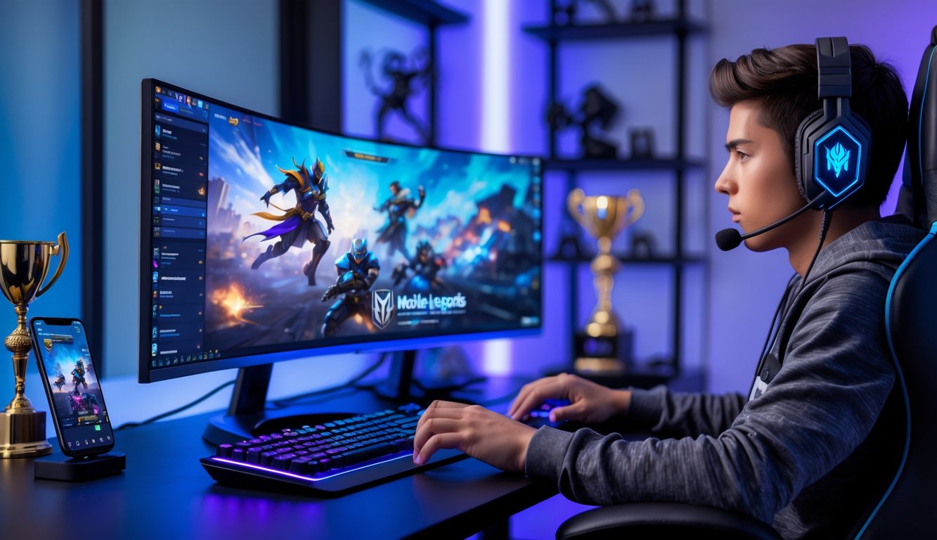 Seorang gamer muda yang fokus bermain Mobile Legends di depan monitor besar dengan perlengkapan gaming modern di meja, dikelilingi lampu LED dan trofi esports.